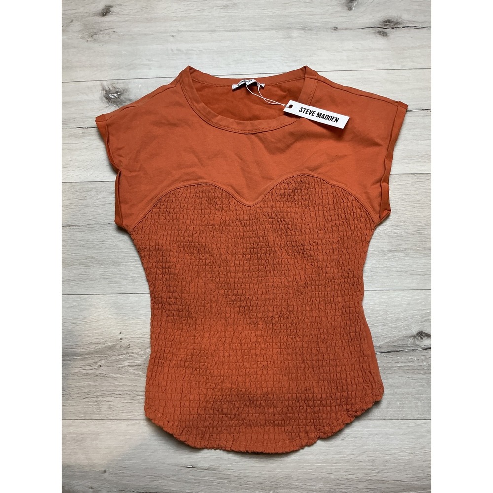 Steve Madden Women's Autumn Mauve Sweetheart Smocked Front Tee Large New W/ Tags - Picture 5 of 6